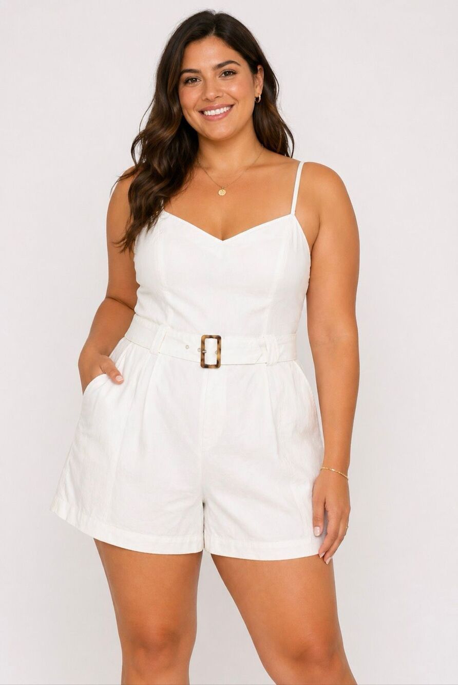 Show Me Your Mumu Sloane Romper Seasalt White Denim Belted NWT XL